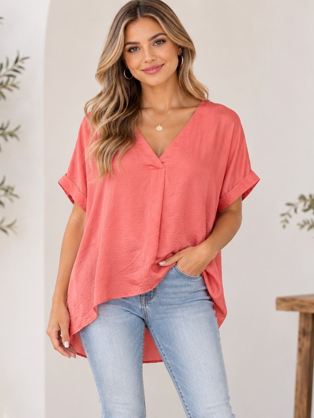 Glam Short Sleeve V Neck High Low Satin Blouse Size Small